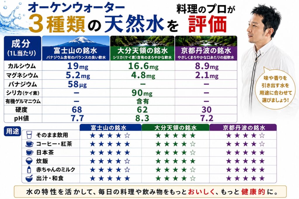オーケンウォーター3種類の天然水を料理のプロが評価